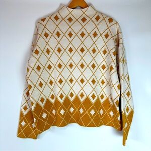 Rachel‎ Zoe Womens Mock Neck Golden Yellow and Ivory White Geometric Sz XL